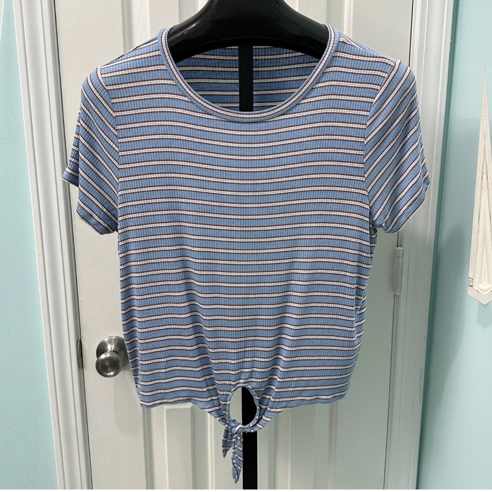 NWT American Eagle Women's XL Blue Brown Stripped Ribbed Shirt Tie Front